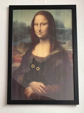 Black Framed 8x10  Mona Lisa with Playful Black Cat Art Print